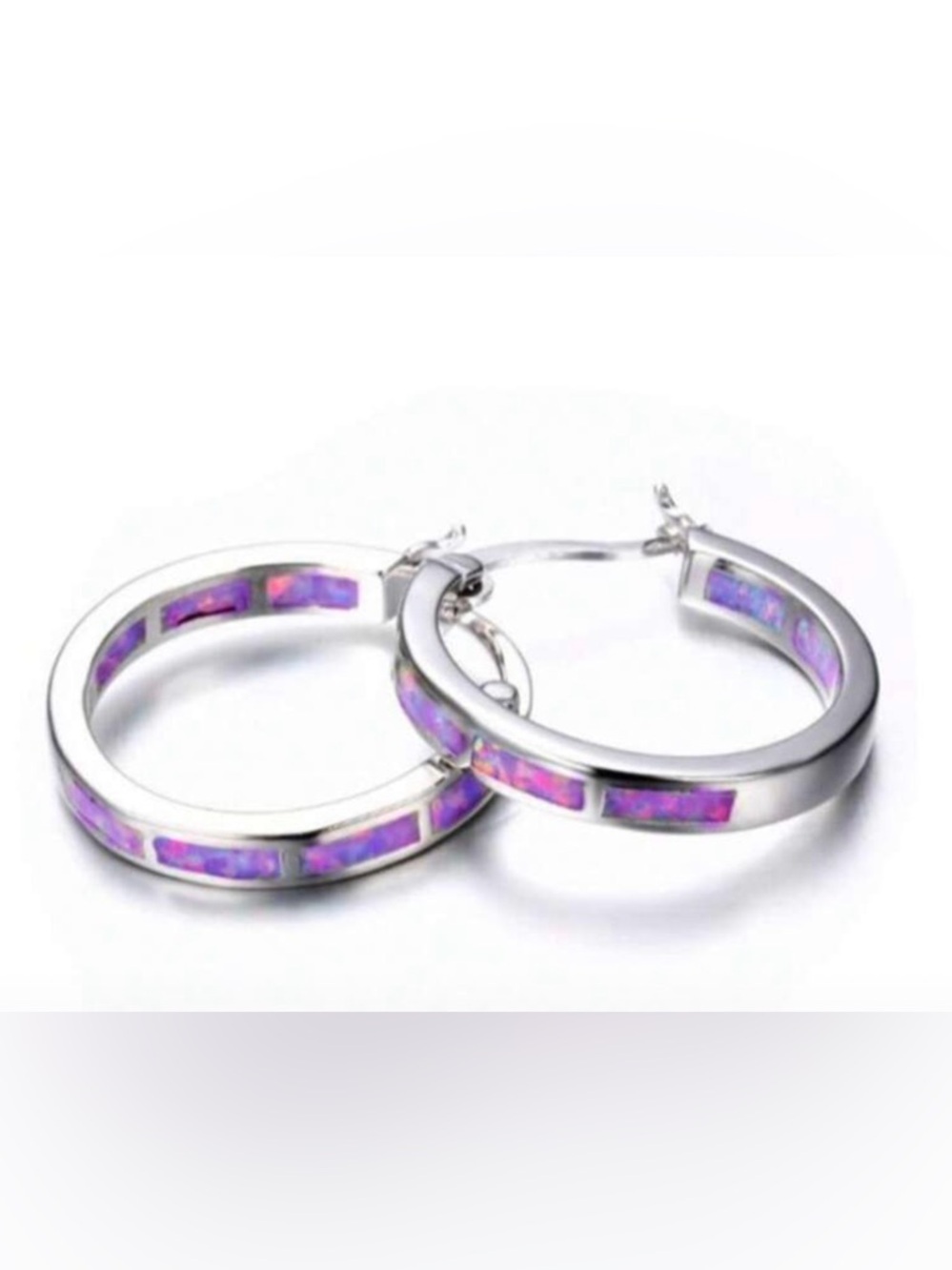 Sterling Silver Hoop Earrings with Purple Opal Inlay